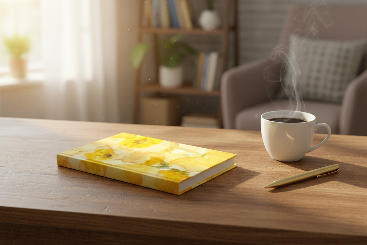 Yellow floral watercolor journal on a wooden desk with gold pen and coffee mug