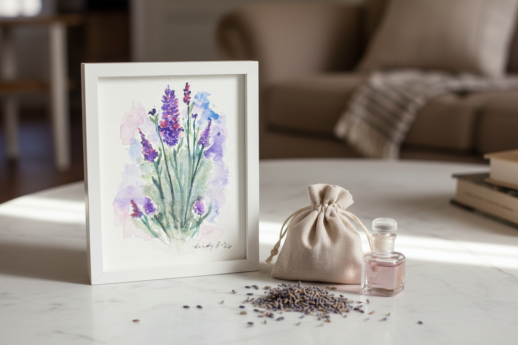 Lavender watercolor — one of five designs in the Meadow Blooms card set, shown in a room setting