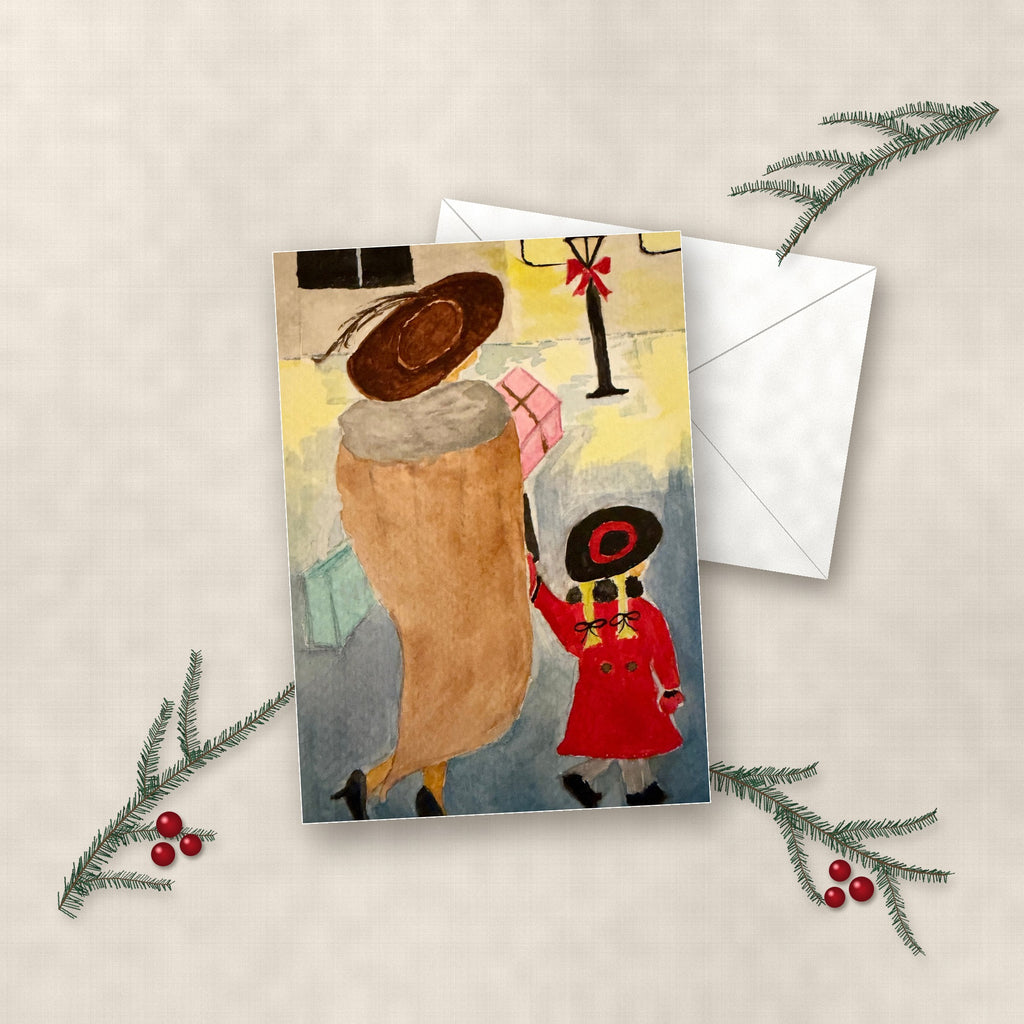 Holiday Shopping with Mom watercolor Christmas card on linen with white envelope, pine sprigs and red berries