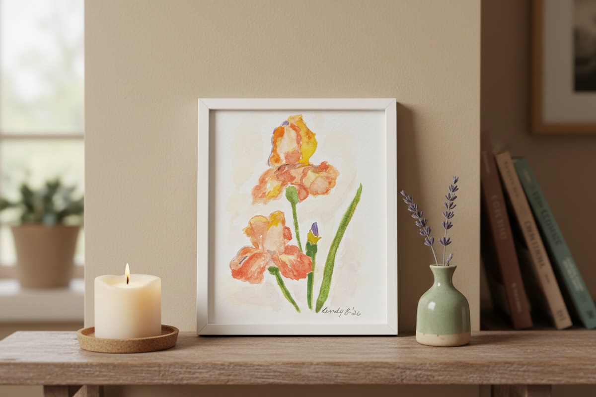 Orange irises watercolor — one of five designs in the Meadow Blooms card set, shown framed