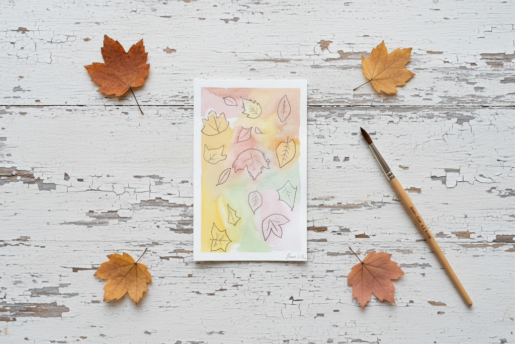 Original Pastel Watercolor Falling Leaves – Flat Lay