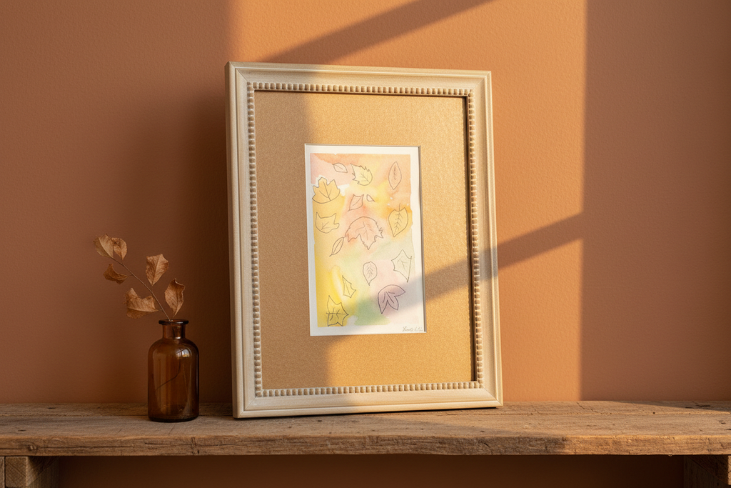 Original Pastel Watercolor Falling Leaves – Warm Shelf Scene