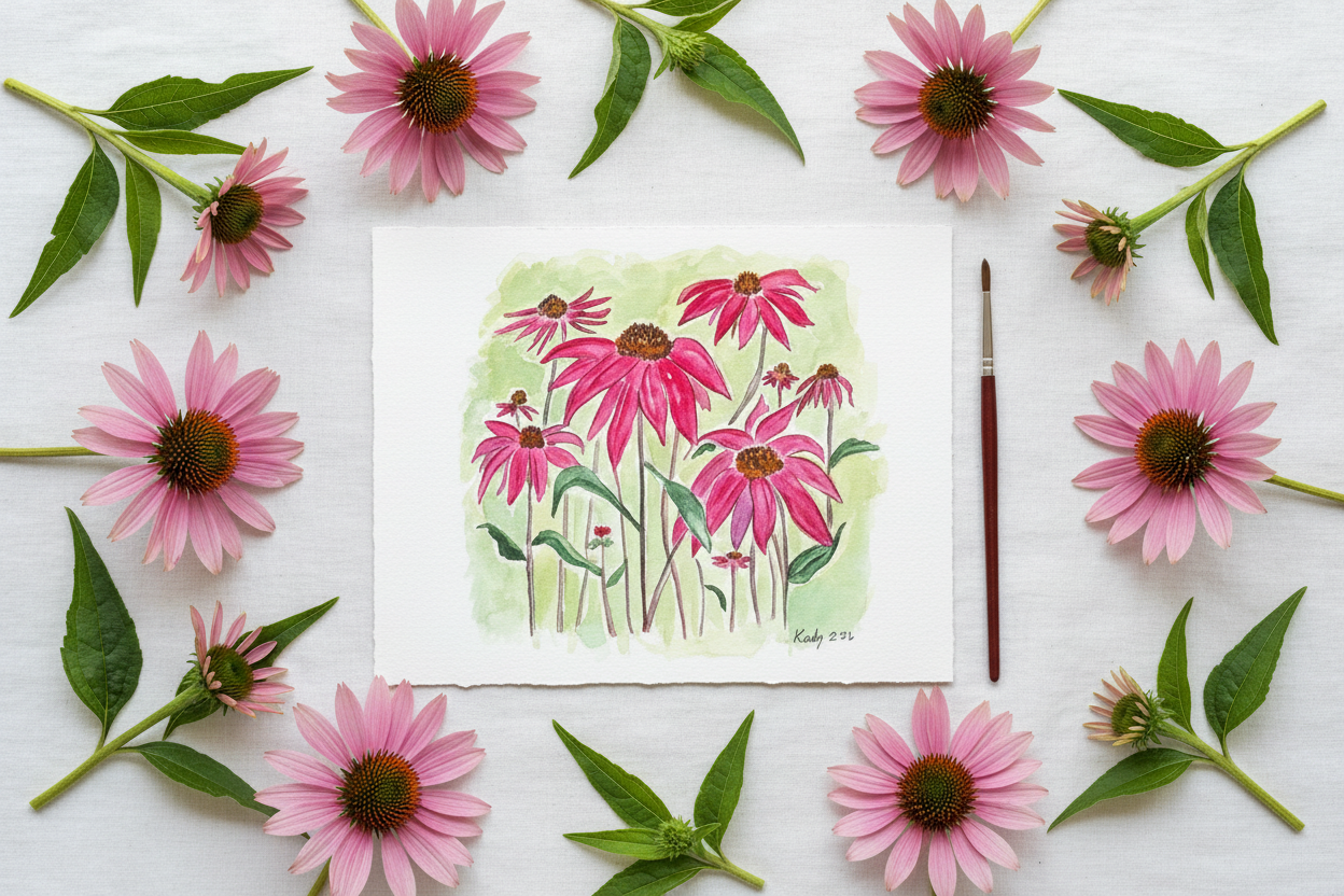 Original Watercolor of Pink Coneflowers – Lifestyle Shot