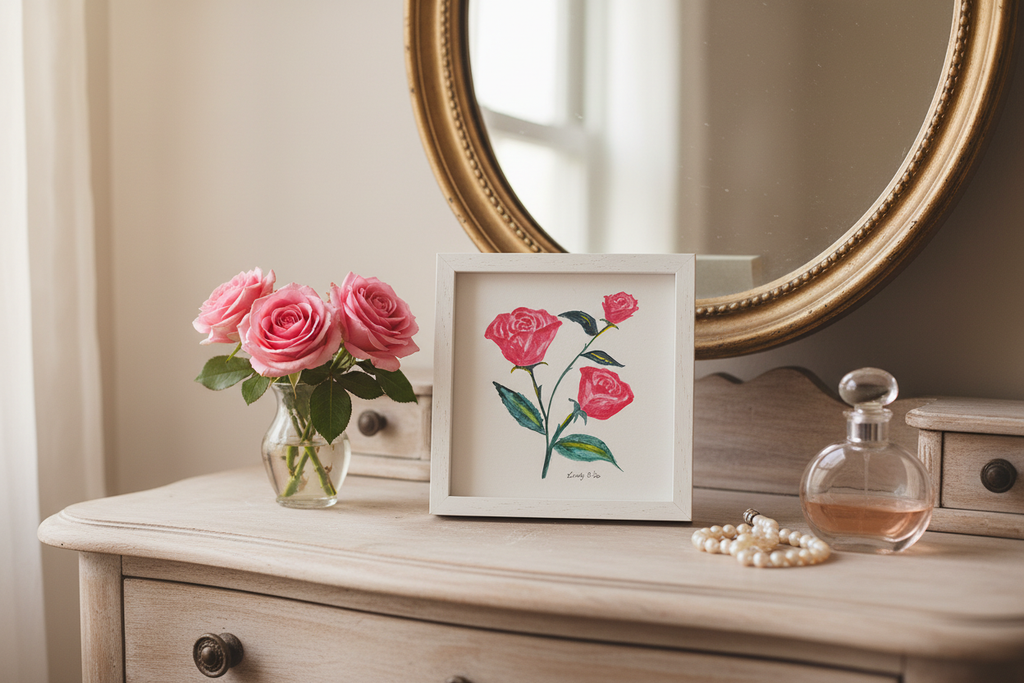 Pink Roses watercolor painting displayed on a dressing table