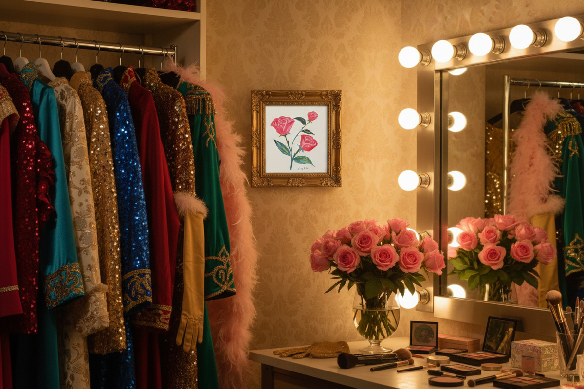 Pink Roses watercolor painting shown in a vintage frame in a dressing room