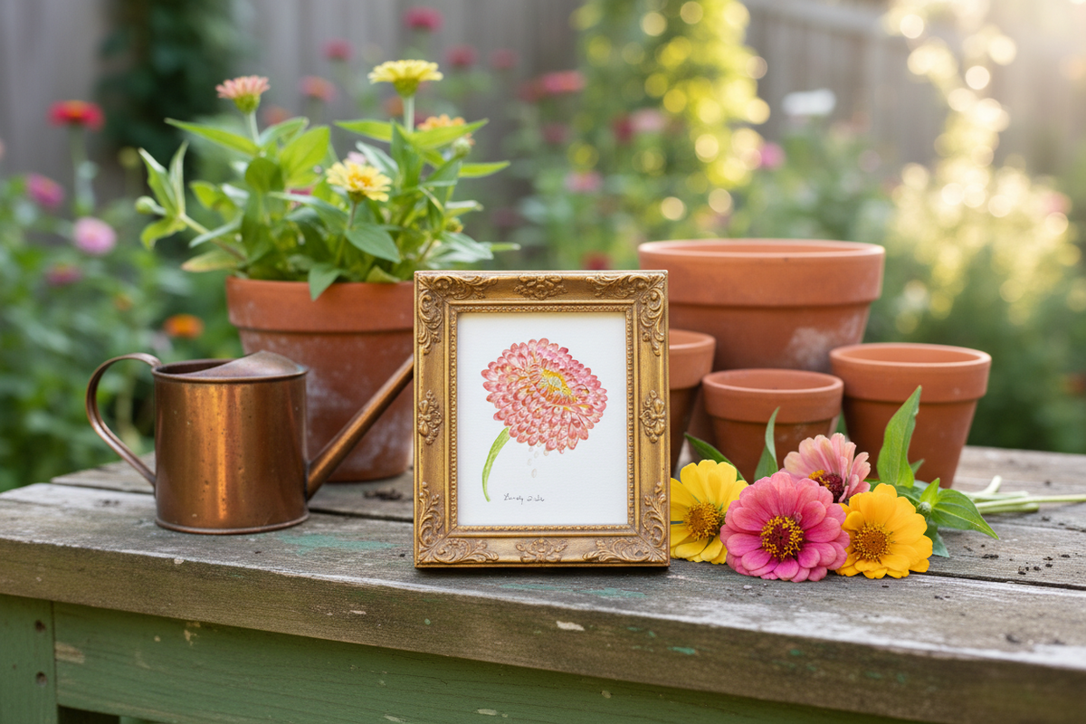 Pink Zinnia watercolor painting shown framed in a room setting