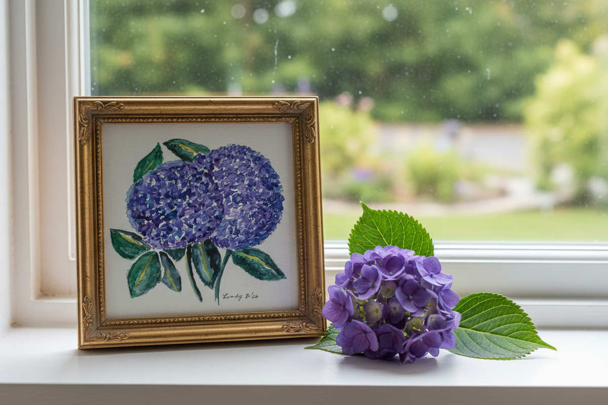 Purple Hydrangea watercolor painting shown framed in a room setting