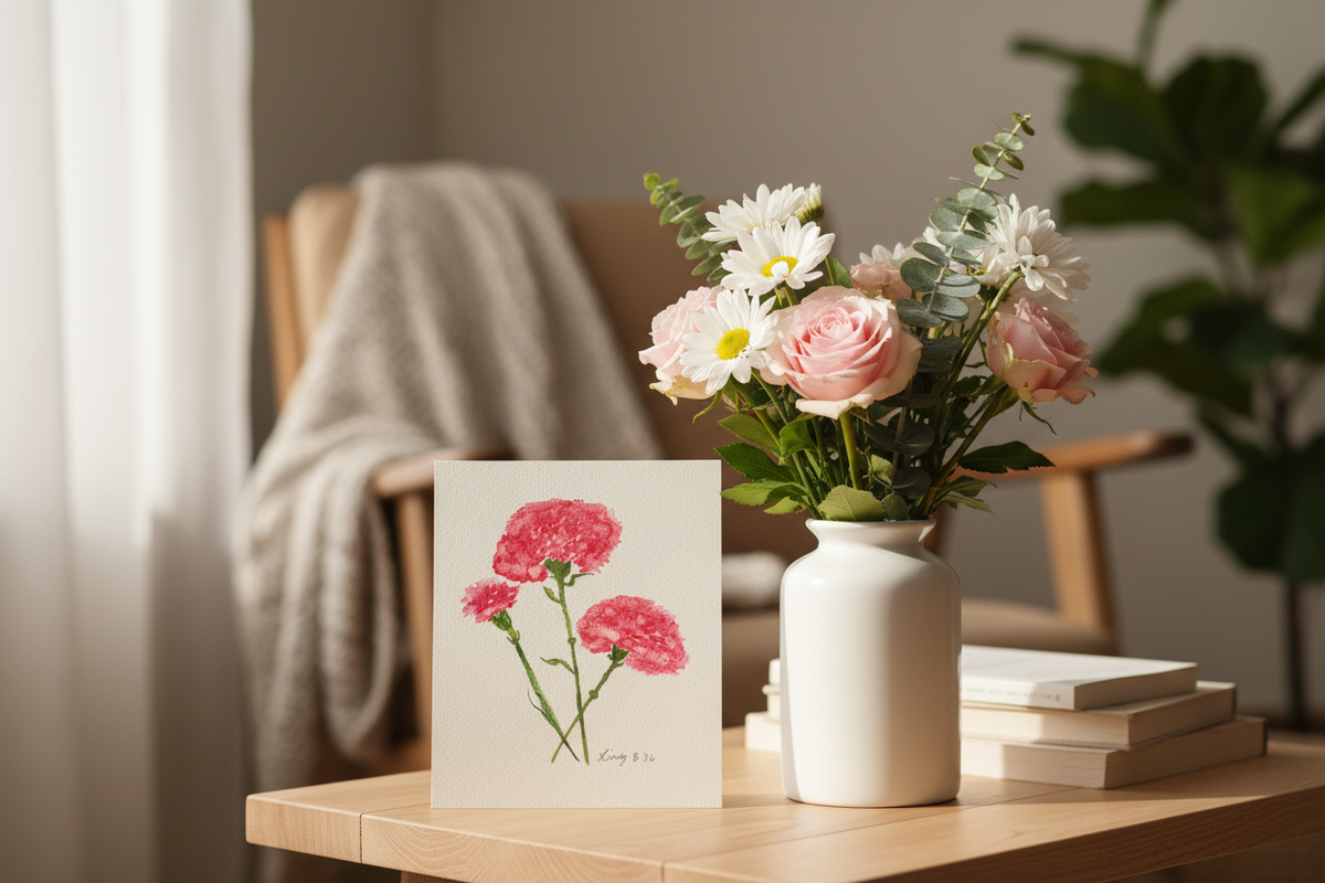 Red Carnations watercolor painting shown framed in a room setting