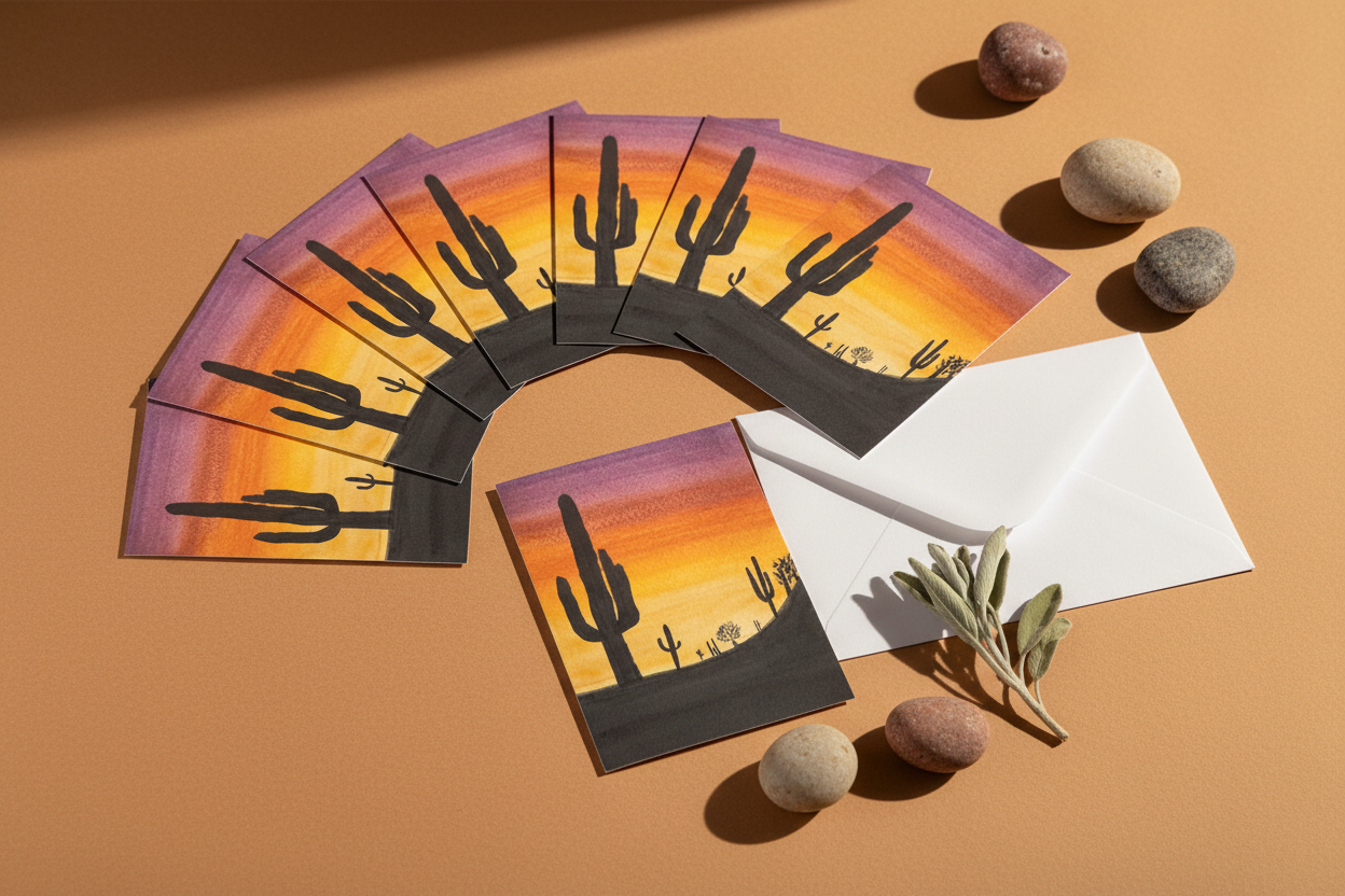 Ten Desert Sunset Greeting Cards – White Envelope Retry