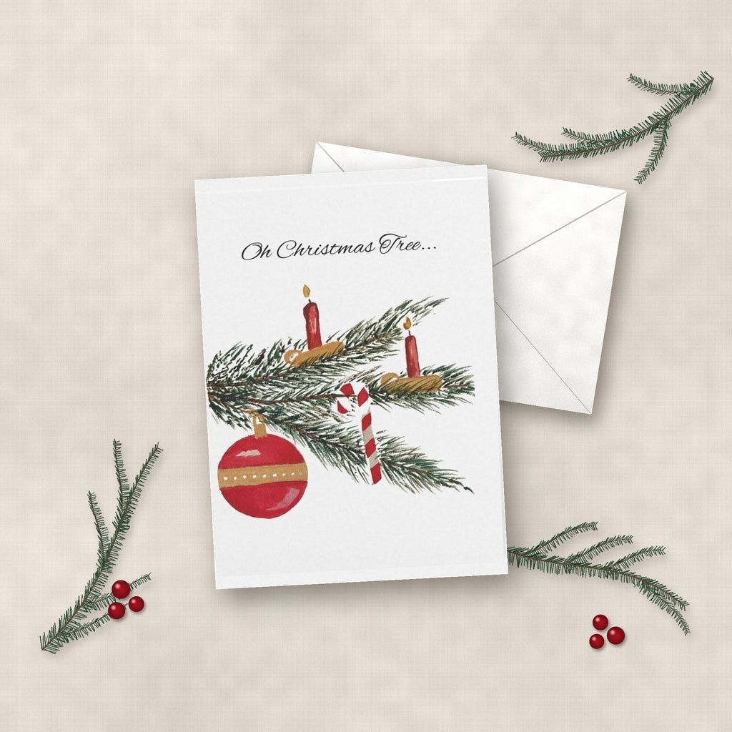 Oh Christmas Tree watercolor Christmas card on linen with white envelope, pine sprigs and red berries