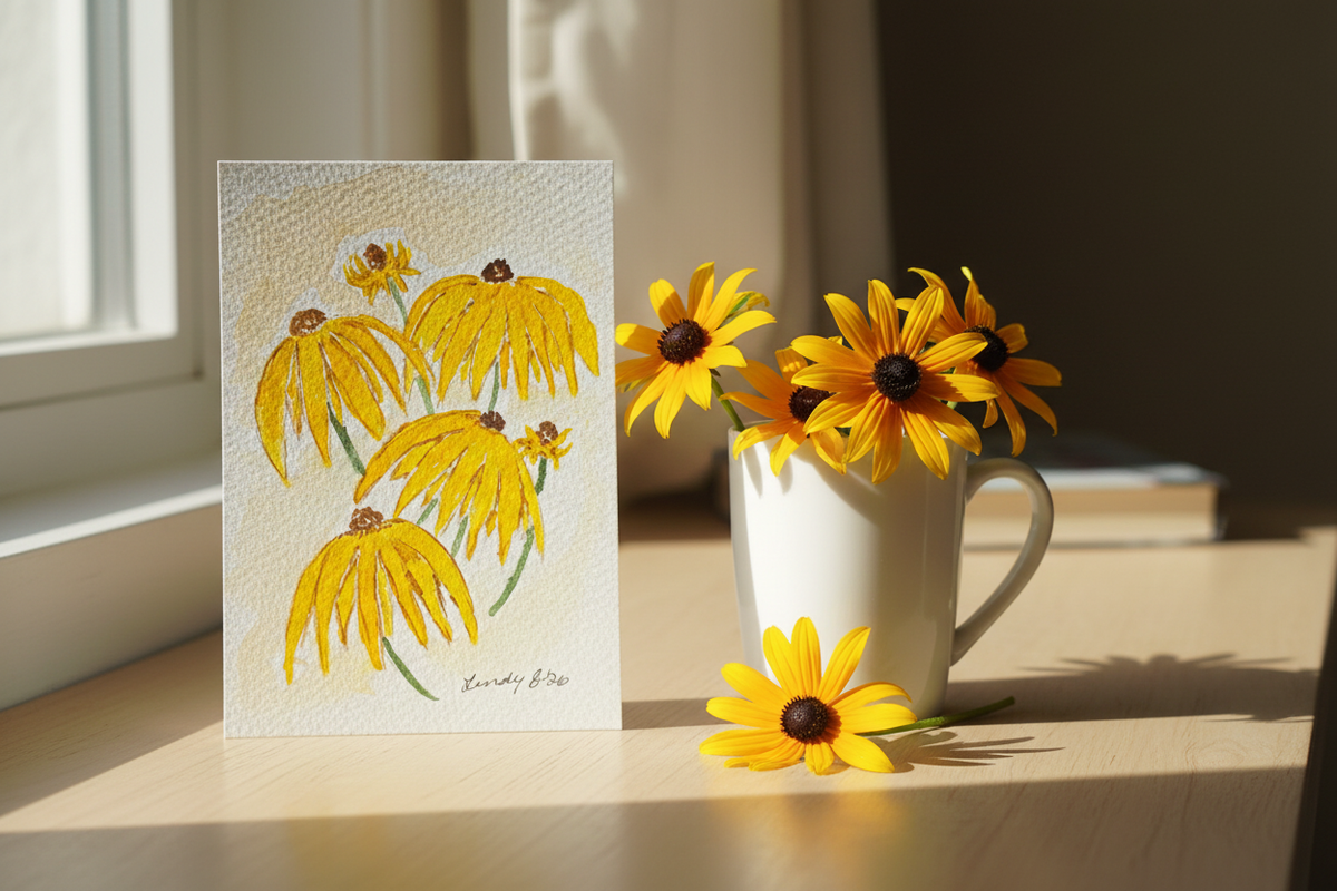 Yellow Coneflowers watercolor painting shown framed in a room setting